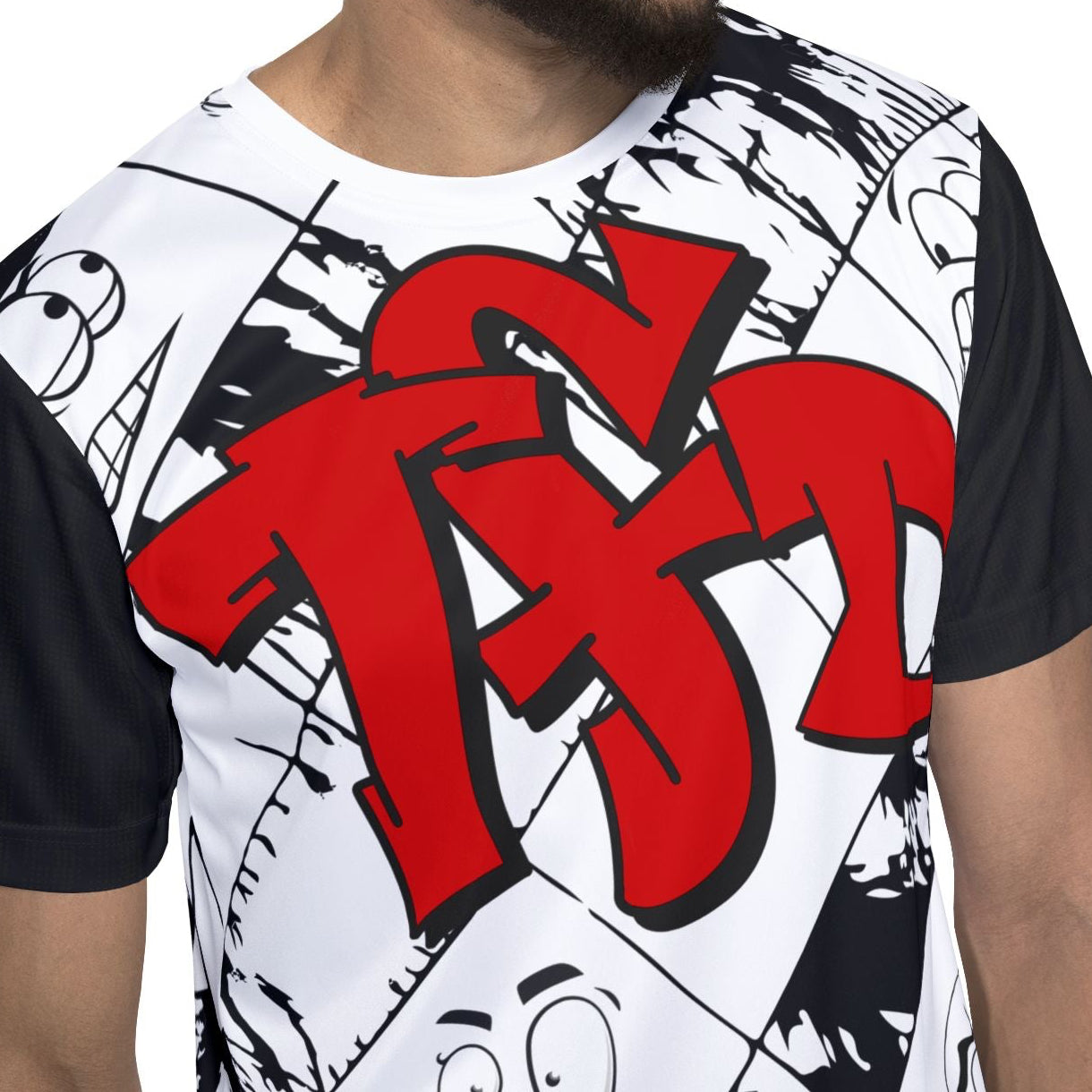 TFD Faces Men's Graphic Sports Jersey — Black & White Comic Faces with Red TSD Logo