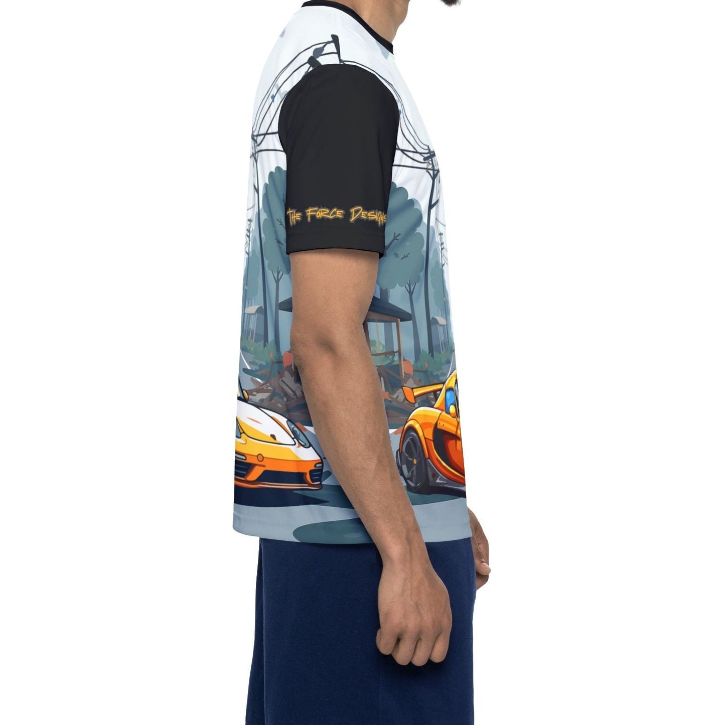 Orange Sports Car Graphic Jersey — Men’s All-Over Print Racing Tee