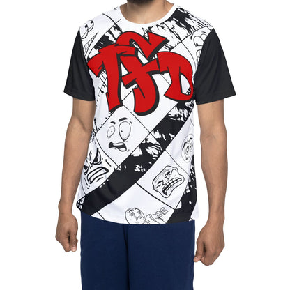 TFD Faces Men's Graphic Sports Jersey — Black & White Comic Faces with Red TSD Logo