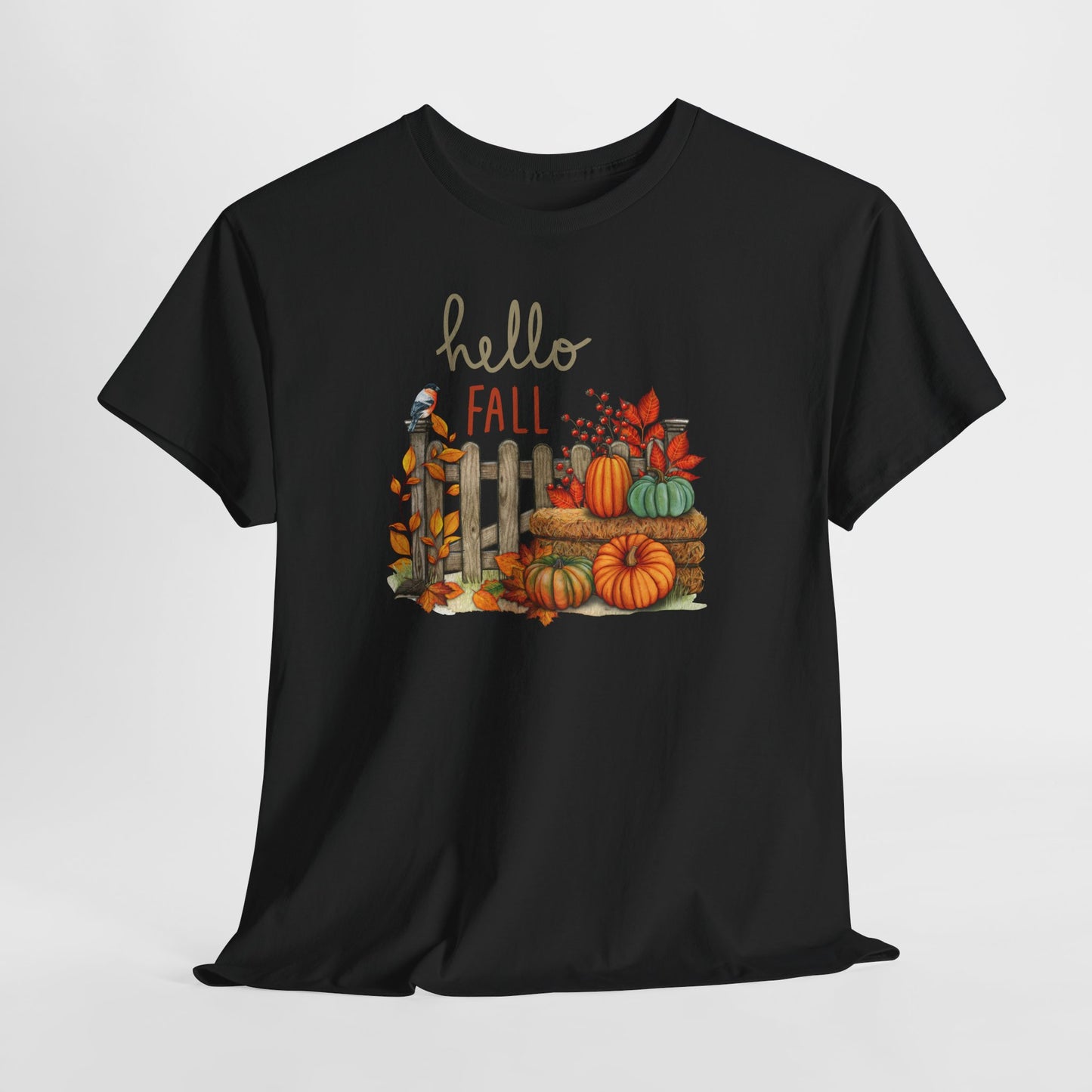 Hello Fall-Themed Unisex Heavy Cotton Tee, Seasonal T-Shirt, Autumn Apparel, Perfect for Harvest Celebrations, Cozy Casual Wear, Hello Fall Design