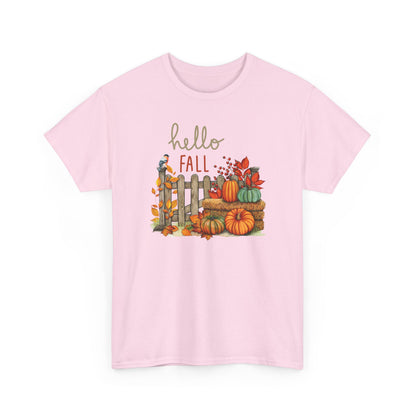 Hello Fall-Themed Unisex Heavy Cotton Tee, Seasonal T-Shirt, Autumn Apparel, Perfect for Harvest Celebrations, Cozy Casual Wear, Hello Fall Design