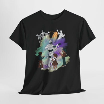 Unwrapped,Spooky Halloween Unisex Heavy Cotton Tee, Graphic Tee, Horror T-Shirt, Halloween Costume Shirt, Fun Monster Tee, Trick or Treat Apparel