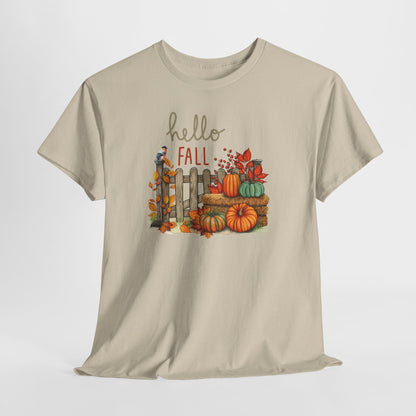 Hello Fall-Themed Unisex Heavy Cotton Tee, Seasonal T-Shirt, Autumn Apparel, Perfect for Harvest Celebrations, Cozy Casual Wear, Hello Fall Design