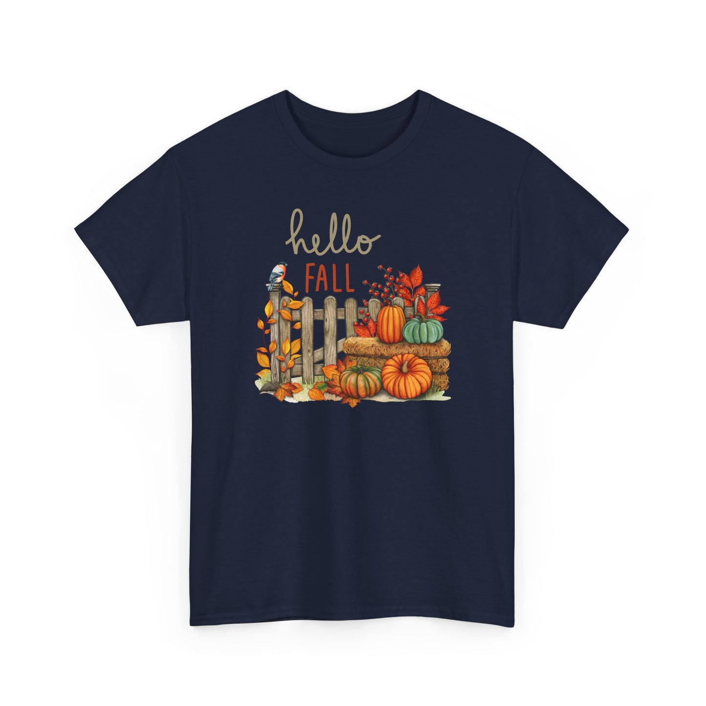 Hello Fall-Themed Unisex Heavy Cotton Tee, Seasonal T-Shirt, Autumn Apparel, Perfect for Harvest Celebrations, Cozy Casual Wear, Hello Fall Design