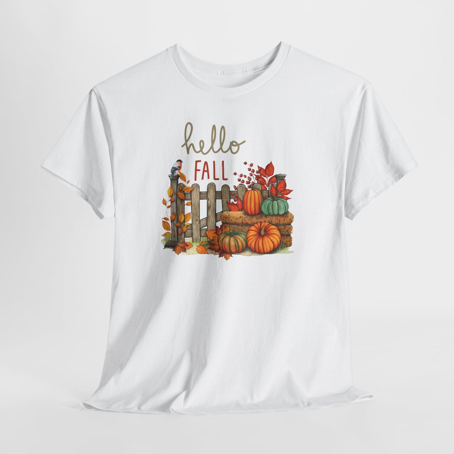Hello Fall-Themed Unisex Heavy Cotton Tee, Seasonal T-Shirt, Autumn Apparel, Perfect for Harvest Celebrations, Cozy Casual Wear, Hello Fall Design
