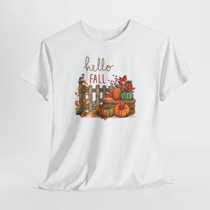 Hello Fall-Themed Unisex Heavy Cotton Tee, Seasonal T-Shirt, Autumn Apparel, Perfect for Harvest Celebrations, Cozy Casual Wear, Hello Fall Design