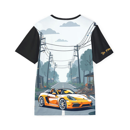 Orange Sports Car Graphic Jersey — Men’s All-Over Print Racing Tee