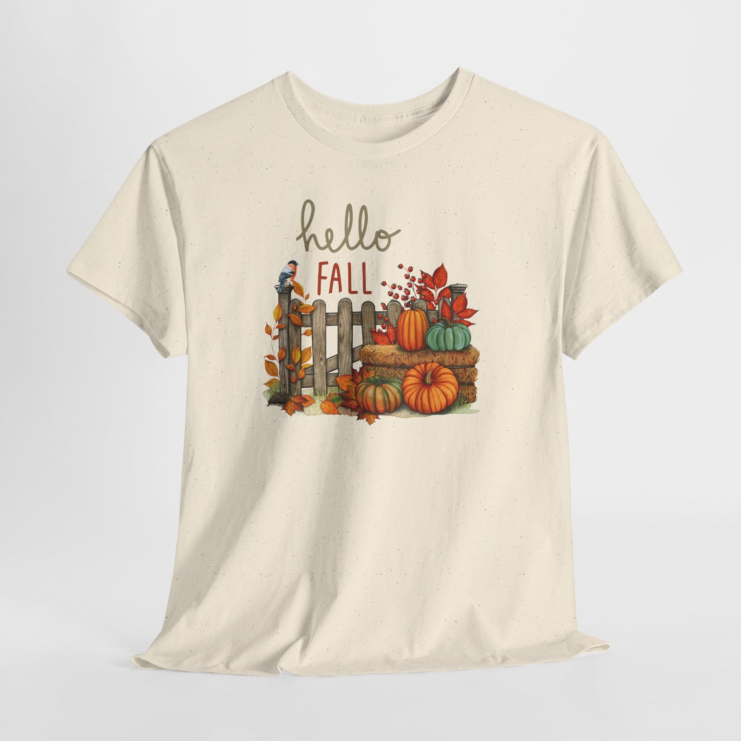 Hello Fall-Themed Unisex Heavy Cotton Tee, Seasonal T-Shirt, Autumn Apparel, Perfect for Harvest Celebrations, Cozy Casual Wear, Hello Fall Design