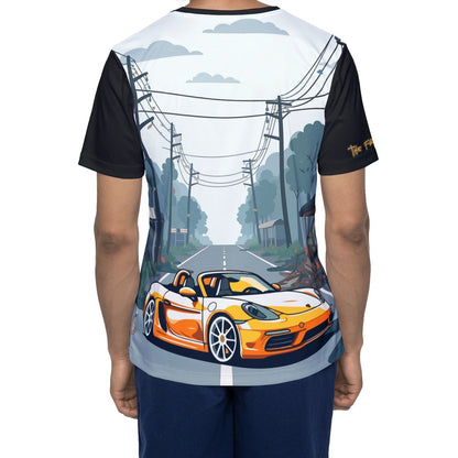 Orange Sports Car Graphic Jersey — Men’s All-Over Print Racing Tee