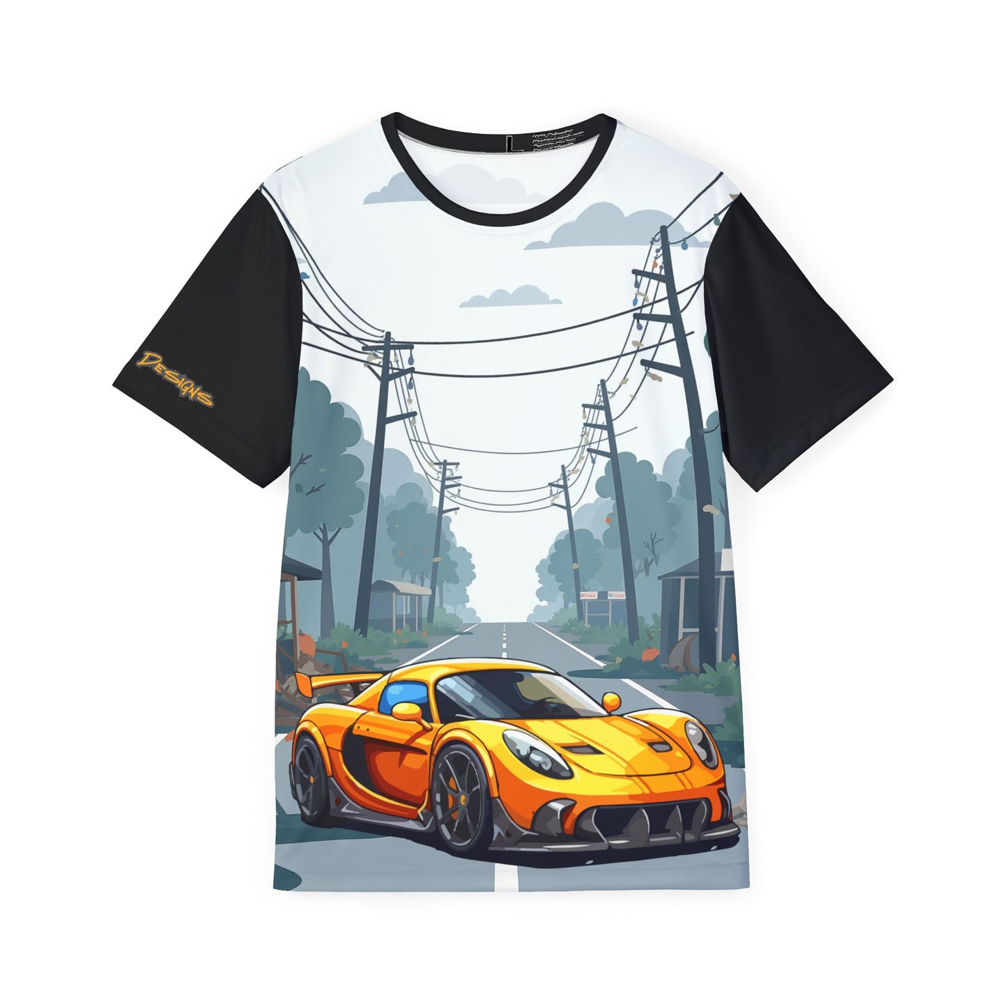 Orange Sports Car Graphic Jersey — Men’s All-Over Print Racing Tee