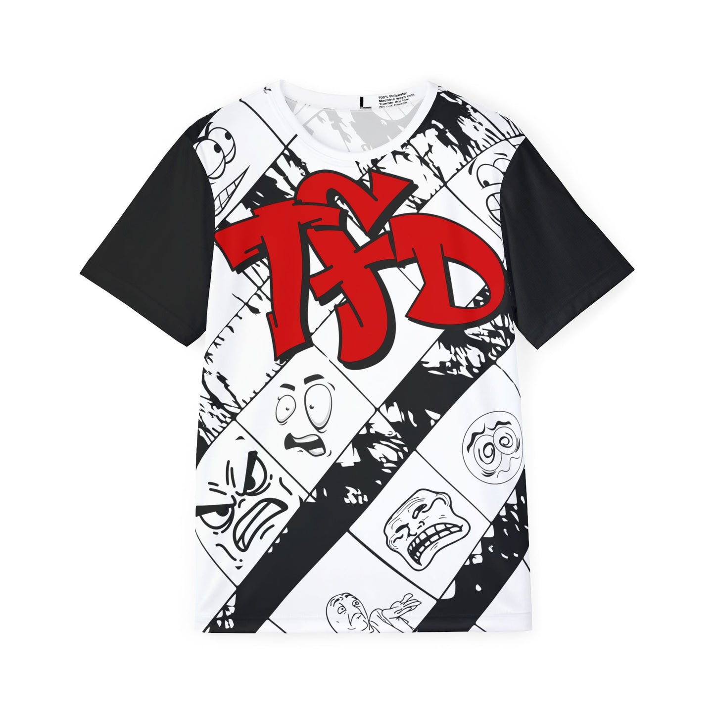 TFD Faces Men's Graphic Sports Jersey — Black & White Comic Faces with Red TSD Logo