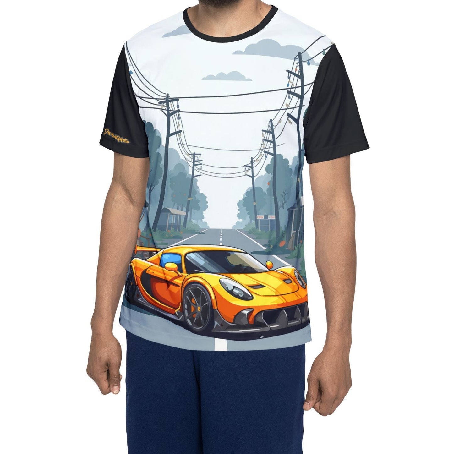 Orange Sports Car Graphic Jersey — Men’s All-Over Print Racing Tee