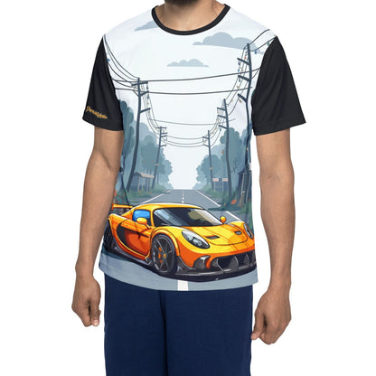 Orange Sports Car Graphic Jersey — Men’s All-Over Print Racing Tee
