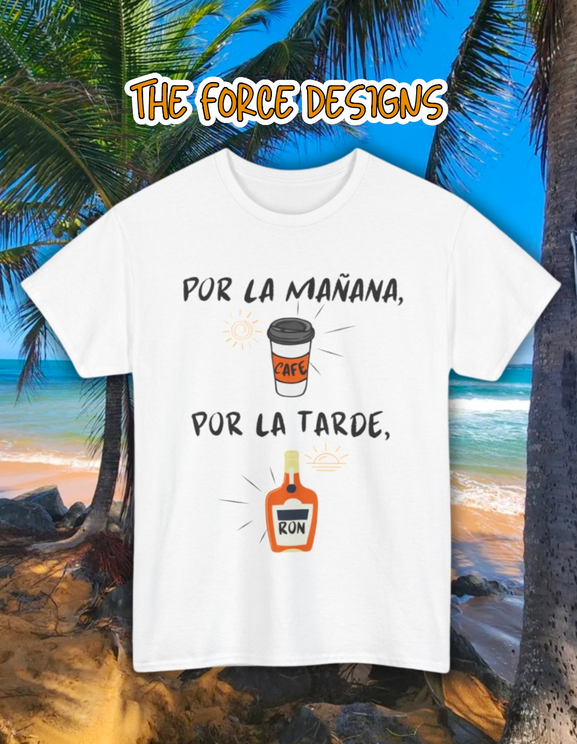 Por la mañana café, The Force Designs, Fun Unisex Heavy Cotton Tee, For the Coffee & Rum Lover, Perfect for Casual Outings, Partywear