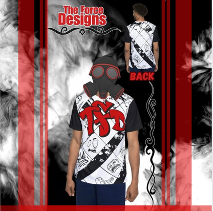 TFD Faces Men's Graphic Sports Jersey — Black & White Comic Faces with Red TSD Logo