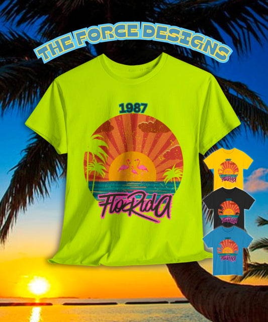 Retro Florida Sunset Cotton Tee, Beachwear, Vacation Shirt, Gift for Travelers, 1987 Florida Tee, Summer Vibes, Unisex Tee