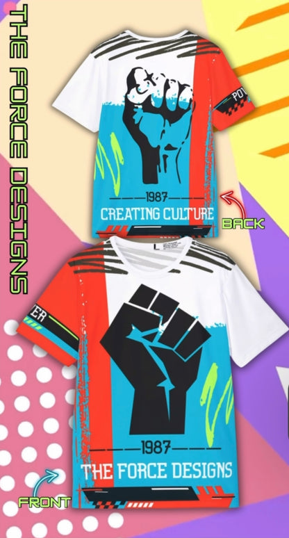 Creating Culture — Bold Fist Graphic All-Over Print Athletic Tee ("The Force Designs" 1987)