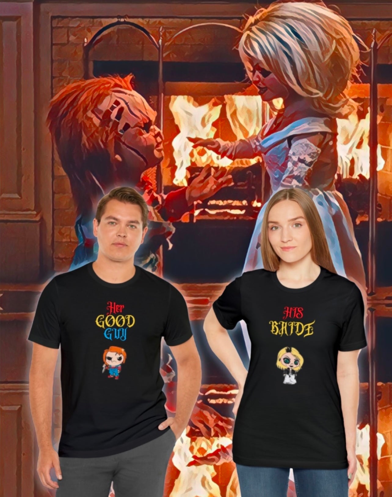 Tiffany, The Force Designs, bride of chucky, marriage, his and Hers, couple, horror,Unisex Jersey Short Sleeve Tee