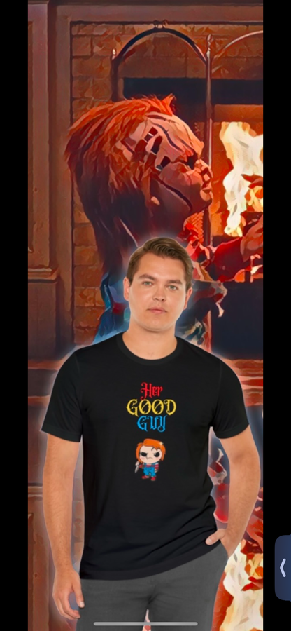 Good guy, The Force Designs, chucky, killer doll, couple, husband, wife, marriage, horror Unisex Jersey Short Sleeve Tee