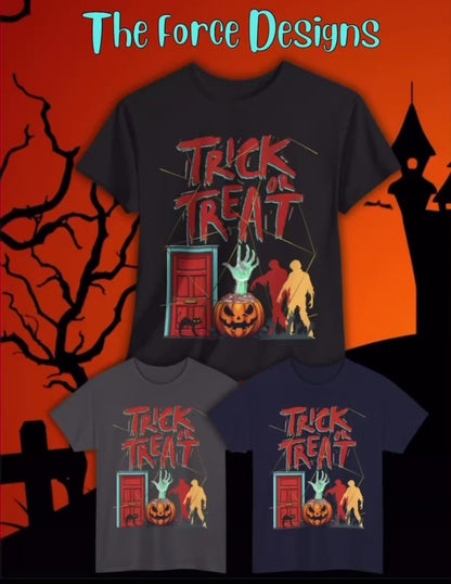 Halloween Trick or Treat Tee, Unisex Heavy Cotton T-Shirt, Spooky Shirt, Fall Fashion, Halloween Costume, Gift for Kids & Adults