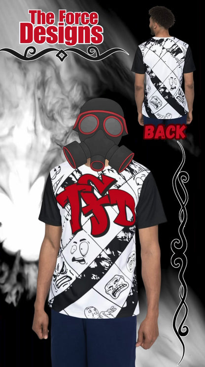 TFD Faces Men's Graphic Sports Jersey — Black & White Comic Faces with Red TSD Logo