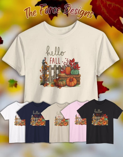 Hello Fall-Themed Unisex Heavy Cotton Tee, Seasonal T-Shirt, Autumn Apparel, Perfect for Harvest Celebrations, Cozy Casual Wear, Hello Fall Design
