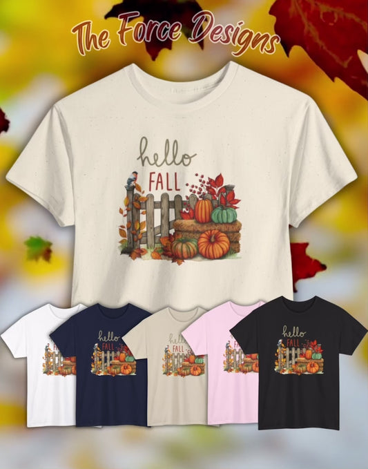 Hello Fall-Themed Unisex Heavy Cotton Tee, Seasonal T-Shirt, Autumn Apparel, Perfect for Harvest Celebrations, Cozy Casual Wear, Hello Fall Design