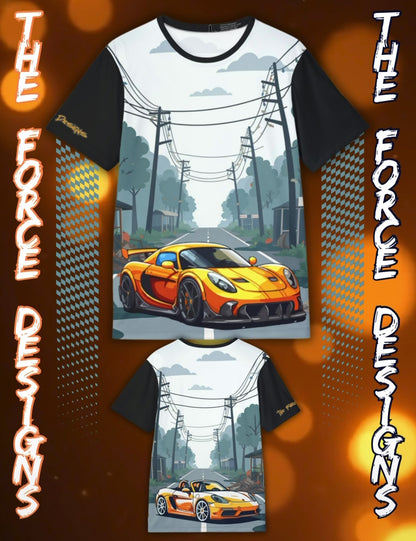 Orange Sports Car Graphic Jersey — Men’s All-Over Print Racing Tee